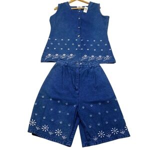 Carolina Bay‎ Denim Vest Shorts Set Womens M Blue Floral Embroidered 2pc NWT NWT